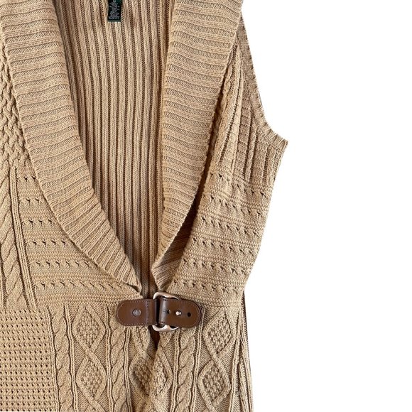 Women's RALPH LAUREN Brown Sleeveless Cable Knit Collared Sweater w/ Buckle MED - Picture 2 of 5